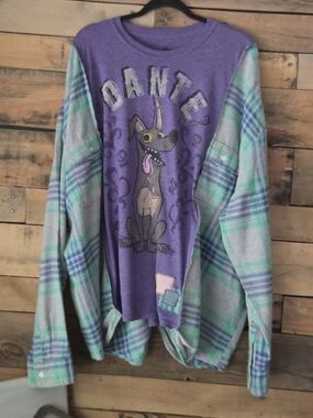 Disney Purple Graphic Long Sleeve Top with Mint Plaid Sleeves